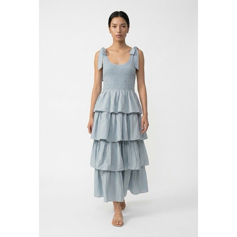 Mable Raphael Tiered Ruffle Maxi Dress Blue Smocked Boho Size Large NWOT - Picture 2 of 16